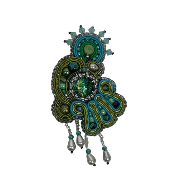 Soutache & Beaded Embroidered Green Blue Pendant Pin by Amee Runs with Scissors - Picture 1 of 4